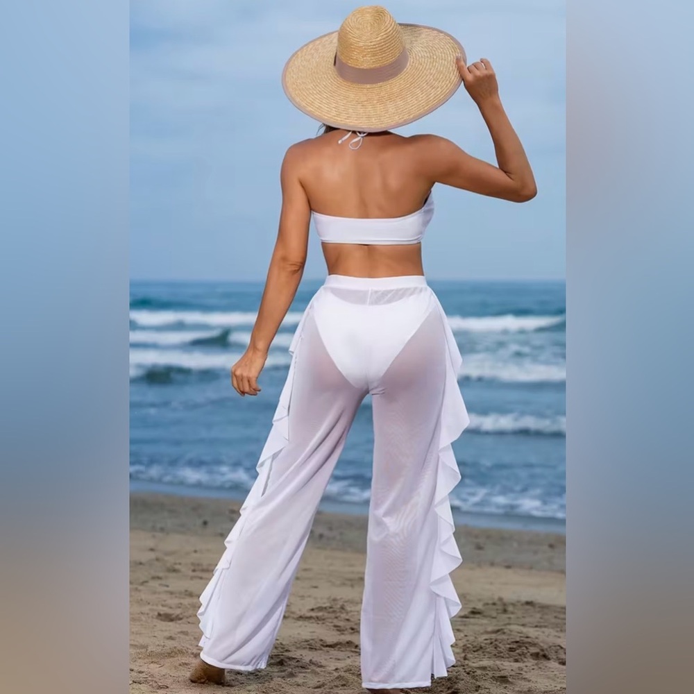3pc White Crisscross Top Bikini Set with Sheer Mesh Ruffle Cover-Up Pants - Picture 5 of 12